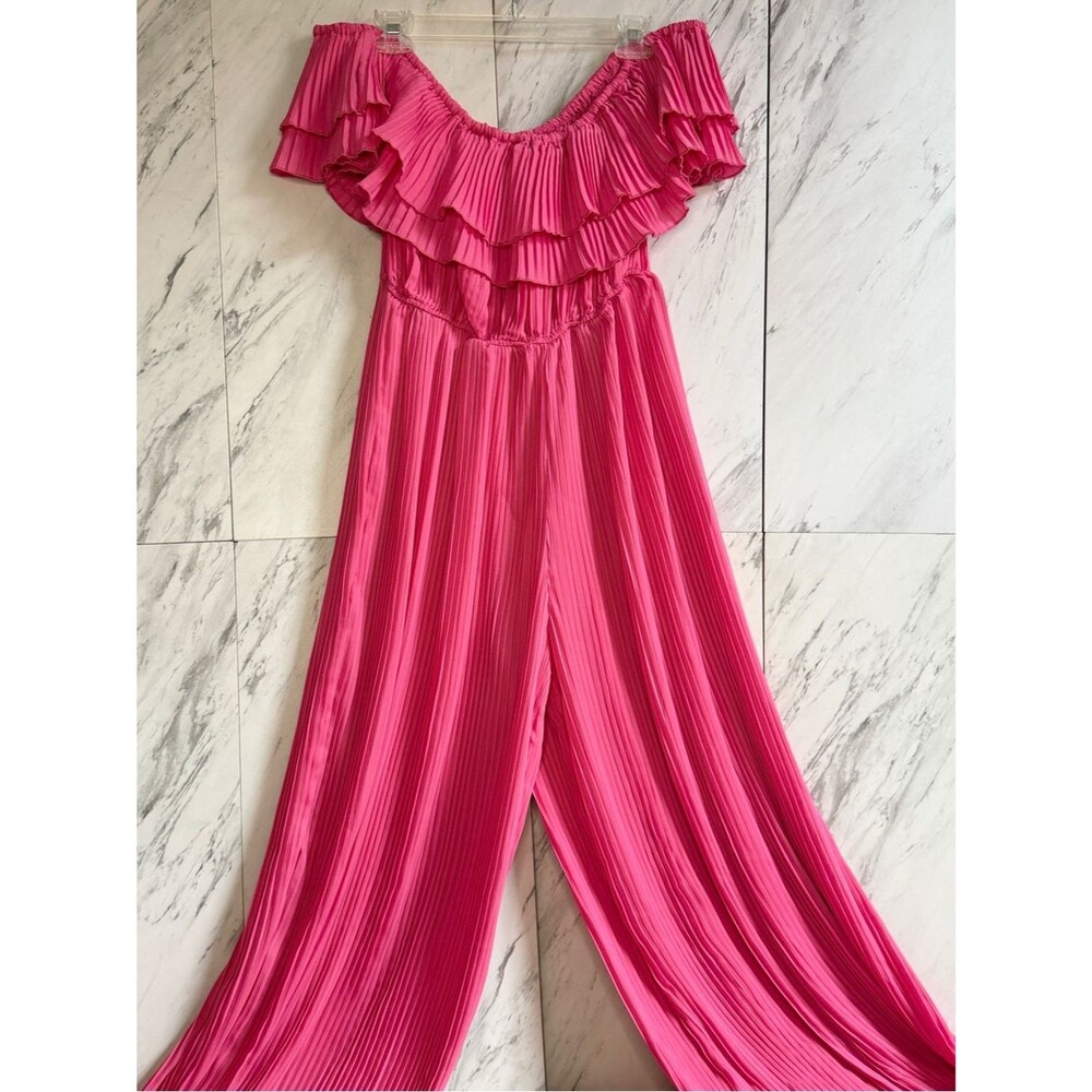 Nasty Gal Hot Pink Pleated Off The Shoulder Ruffle Wide Leg Jumpsuit Womens 10 - Picture 2 of 7